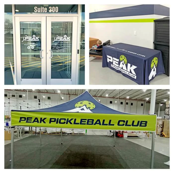 A collage of the Peak Pickleball door graphics, a winner's podium, and event tent.